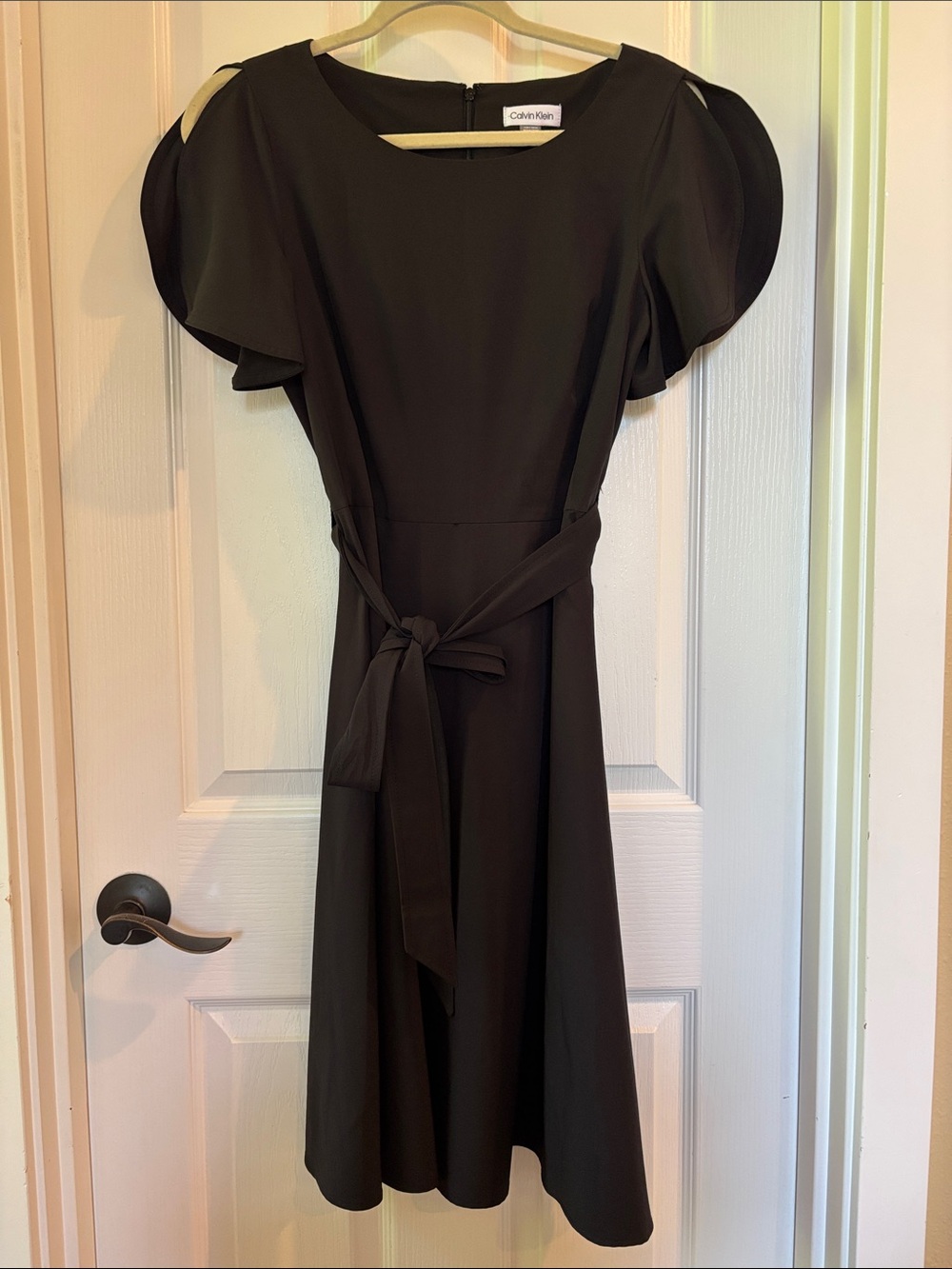 Calvin Klein Black A-Line Dress with Flutter Sleeves and Self Tie